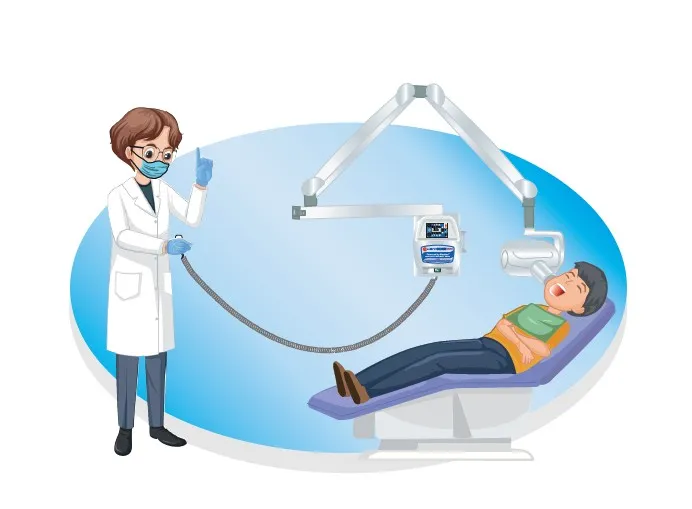 Odontóloga realizando una radiografía periapical, ejemplificando cómo proteger al paciente y al operador en la toma de rayos X 
               dental de forma segura.